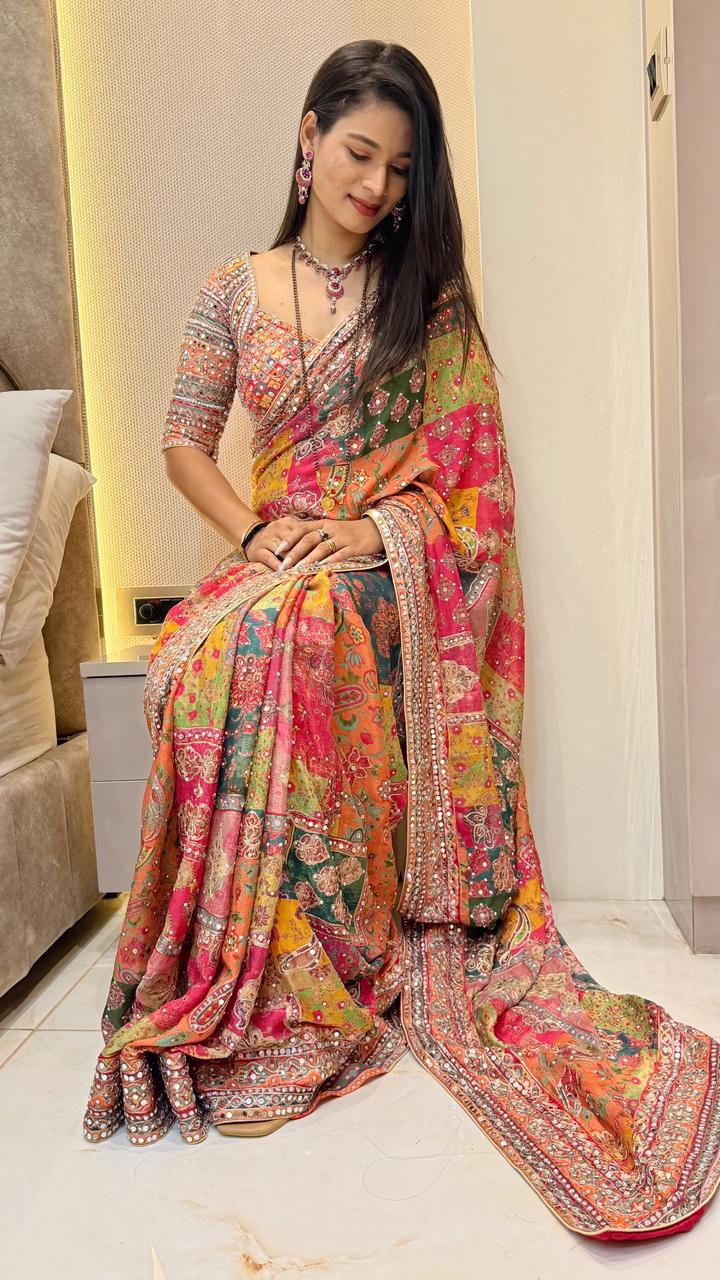 Multicolor Crepe Chinon Saree