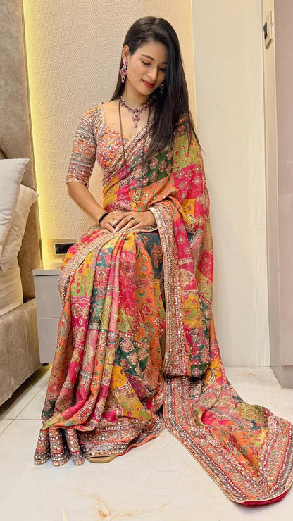 Multicolor Crepe Chinon Saree