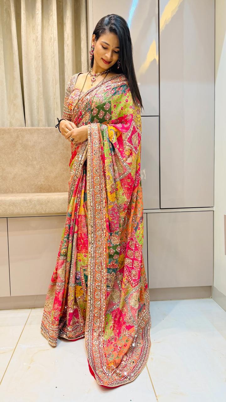 Multicolor Crepe Chinon Saree